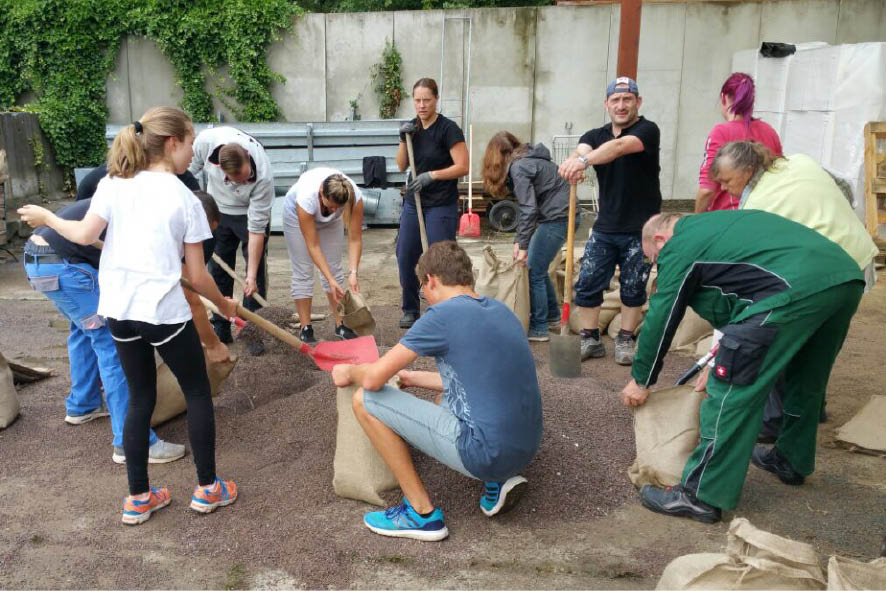 Mehrere Personen reinigen gemeinsam einen Garten und sammeln Abfälle auf.