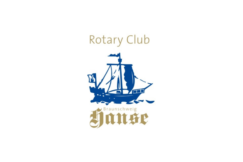 Eine blaue Grafik eines Segelschiffs über einem stilisierten goldenen Text Braunschweig Hanse und den Worten Rotary Club in Gold, alles auf weißem Hintergrund.