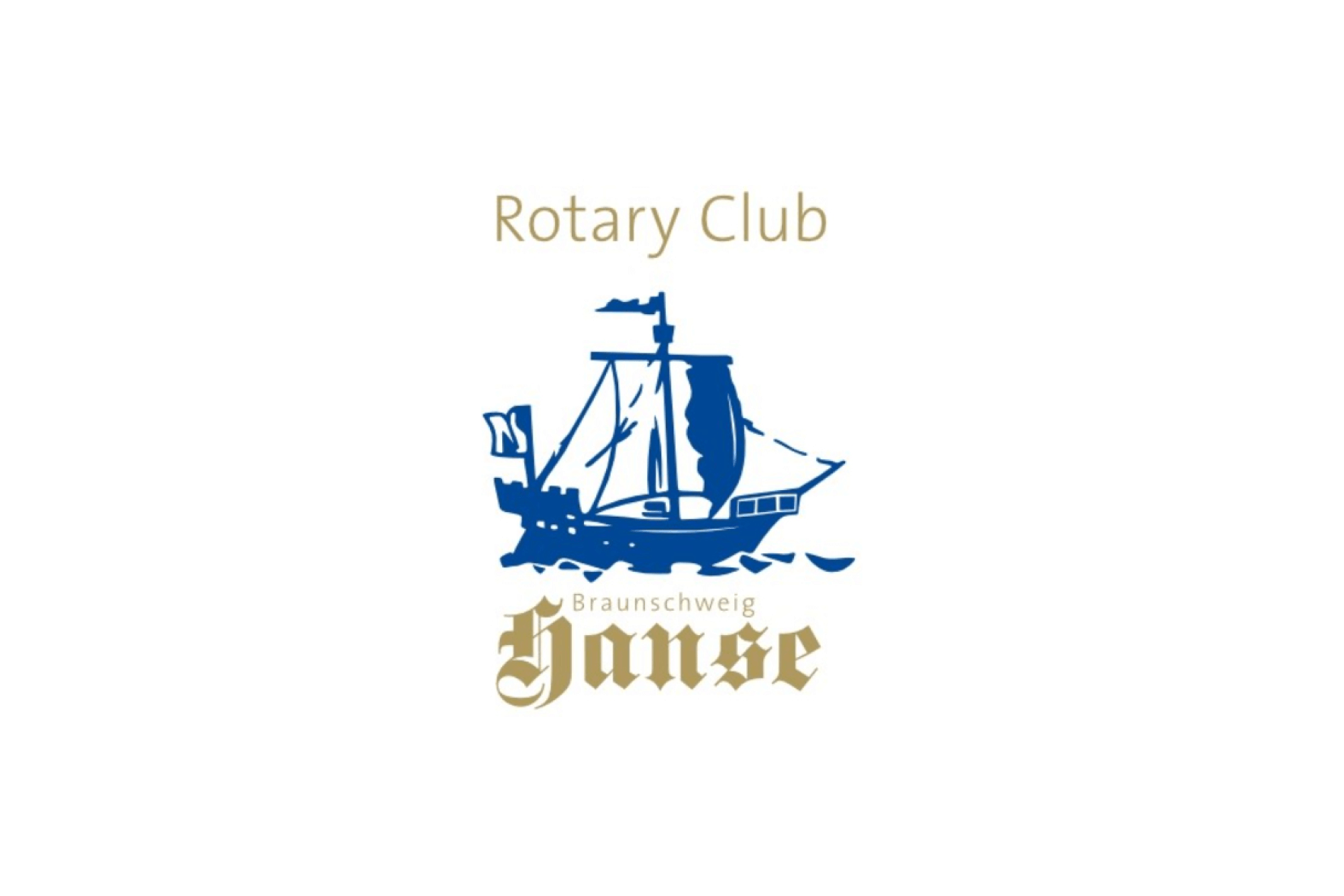 Eine blaue Grafik eines Segelschiffs über einem stilisierten goldenen Text Braunschweig Hanse und den Worten Rotary Club in Gold, alles auf weißem Hintergrund.