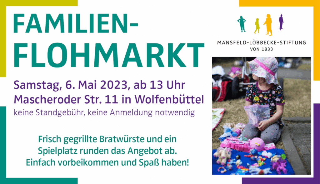 Familienflohmarkt Wolfenbüttel, 6. Mai 2023: Kind verkauft Spielzeug. Bratwurst, Spielplatz. Flohmarkt für Familien.