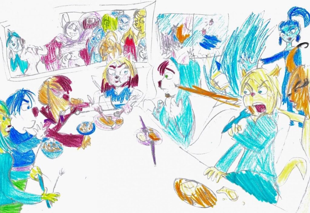 Buntes Kinderbild: Tiere und Menschen essen gemeinsam an einem Tisch, lustige Szene, Cartoon-Stil, handgezeichnet.