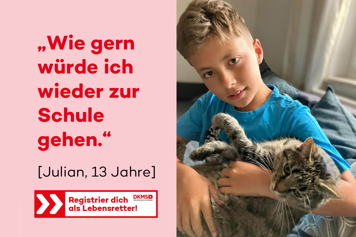 Ein Junge hält eine Katze, daneben der Text 'wir werden wie schule gehen'.
