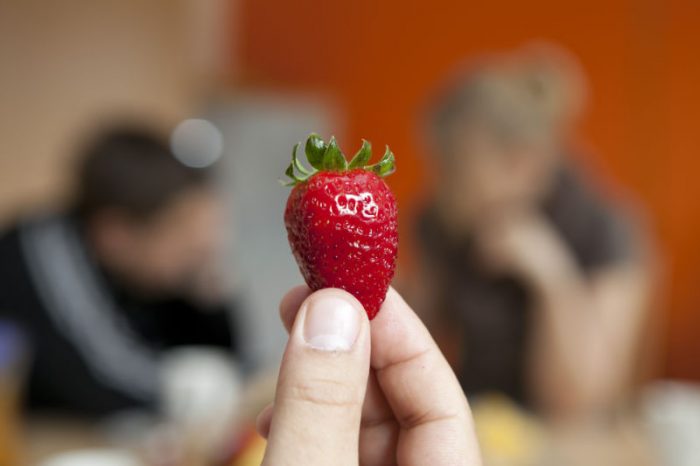 Eine Person hält eine Erdbeere mit dem Wort 'Liebe' darauf in der Hand.