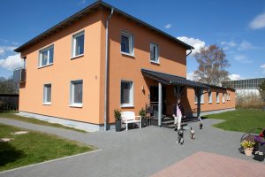 Zwei Hunde und ein Fahrrad stehen vor einem Haus.